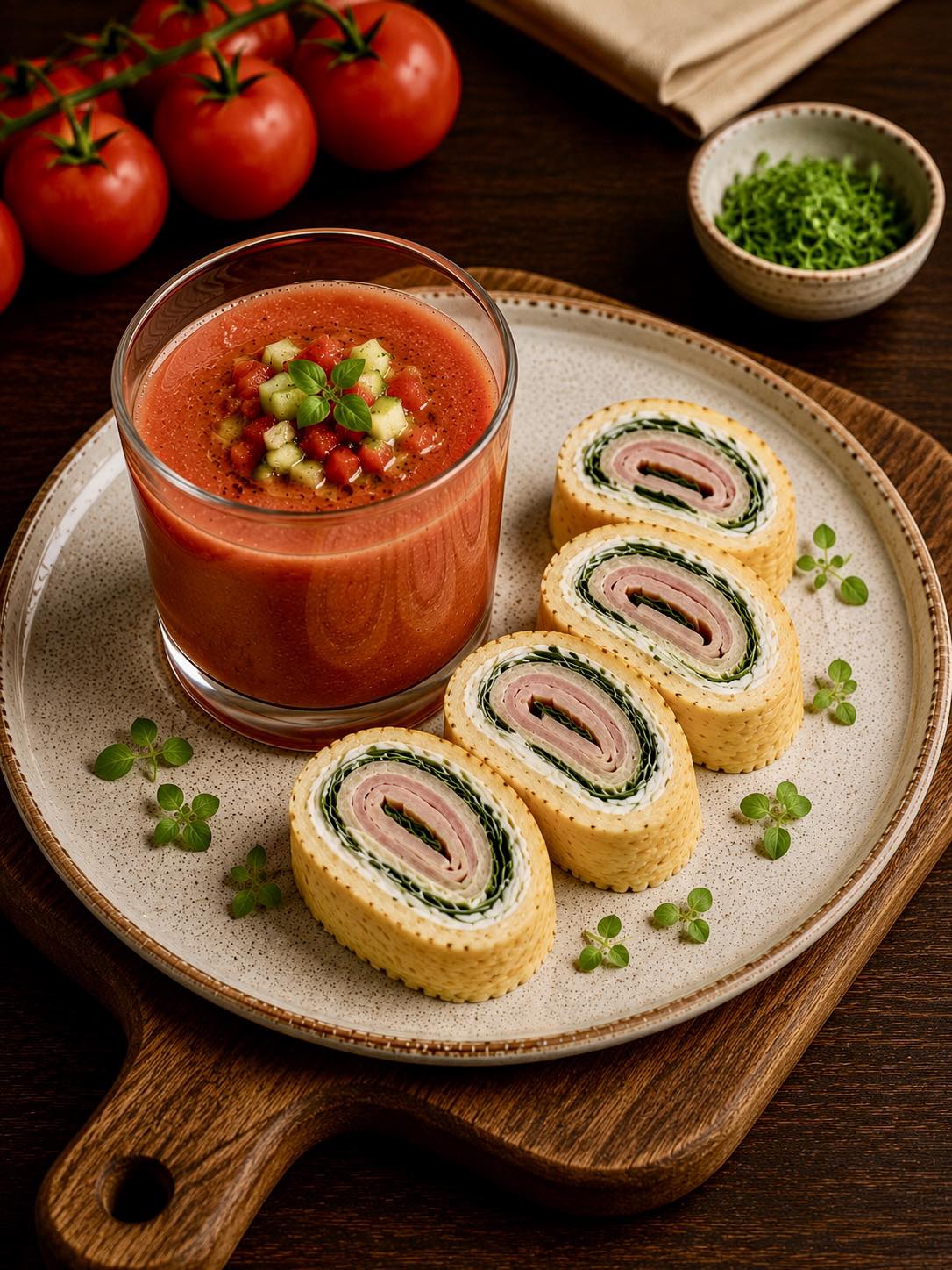 Gazpacho Smoothie and Omelette Ham Rolls