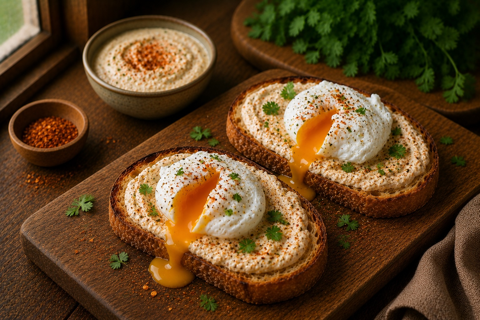 Poached Eggs with Fajita Yogurt on Toast