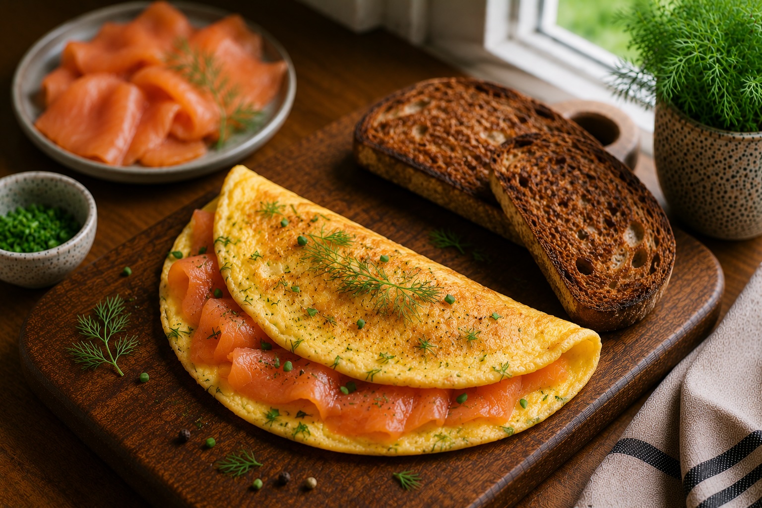 Omelet with Smoked Salmon and Rye Bread