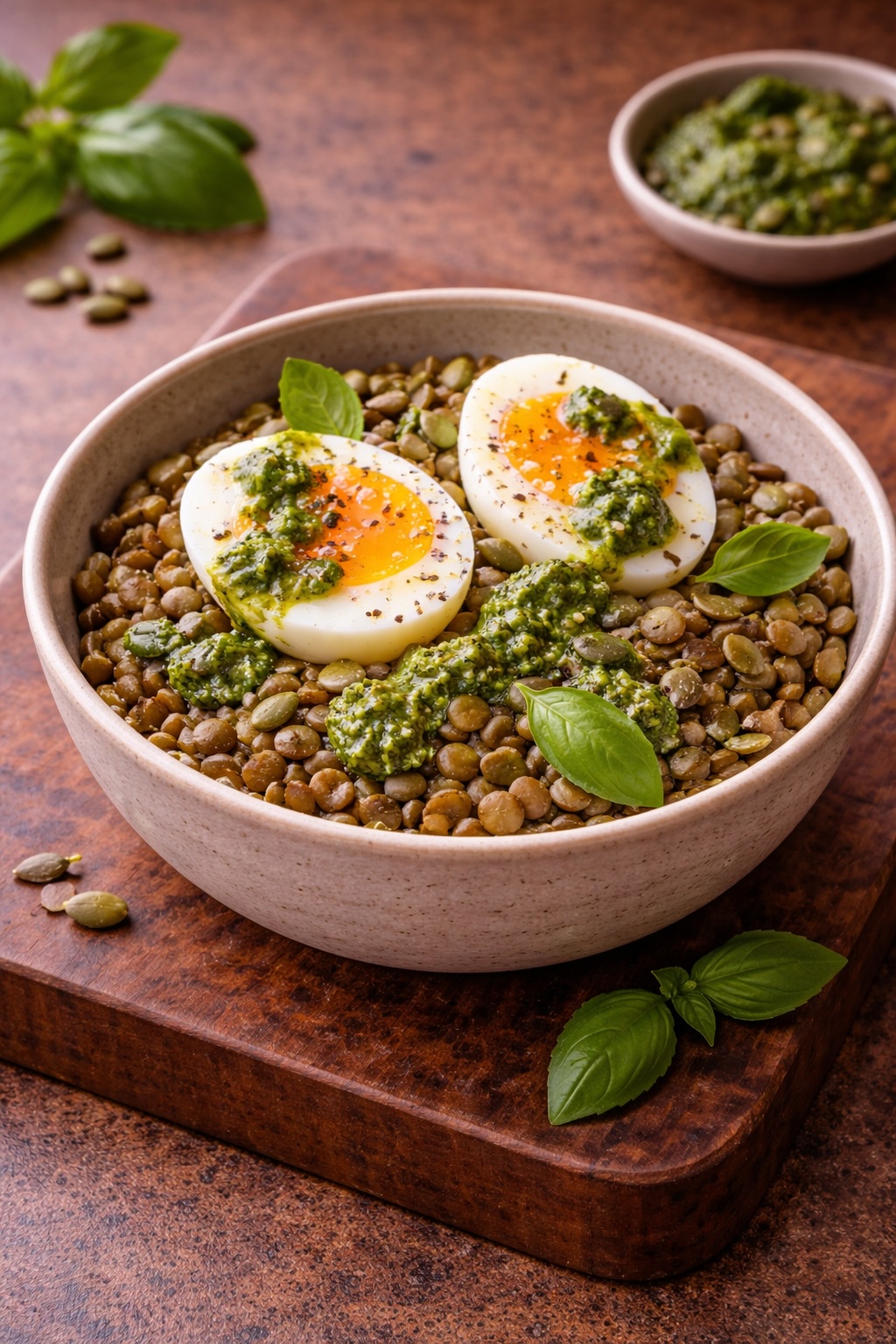 Lentil Bowl with Egg and Green Pesto