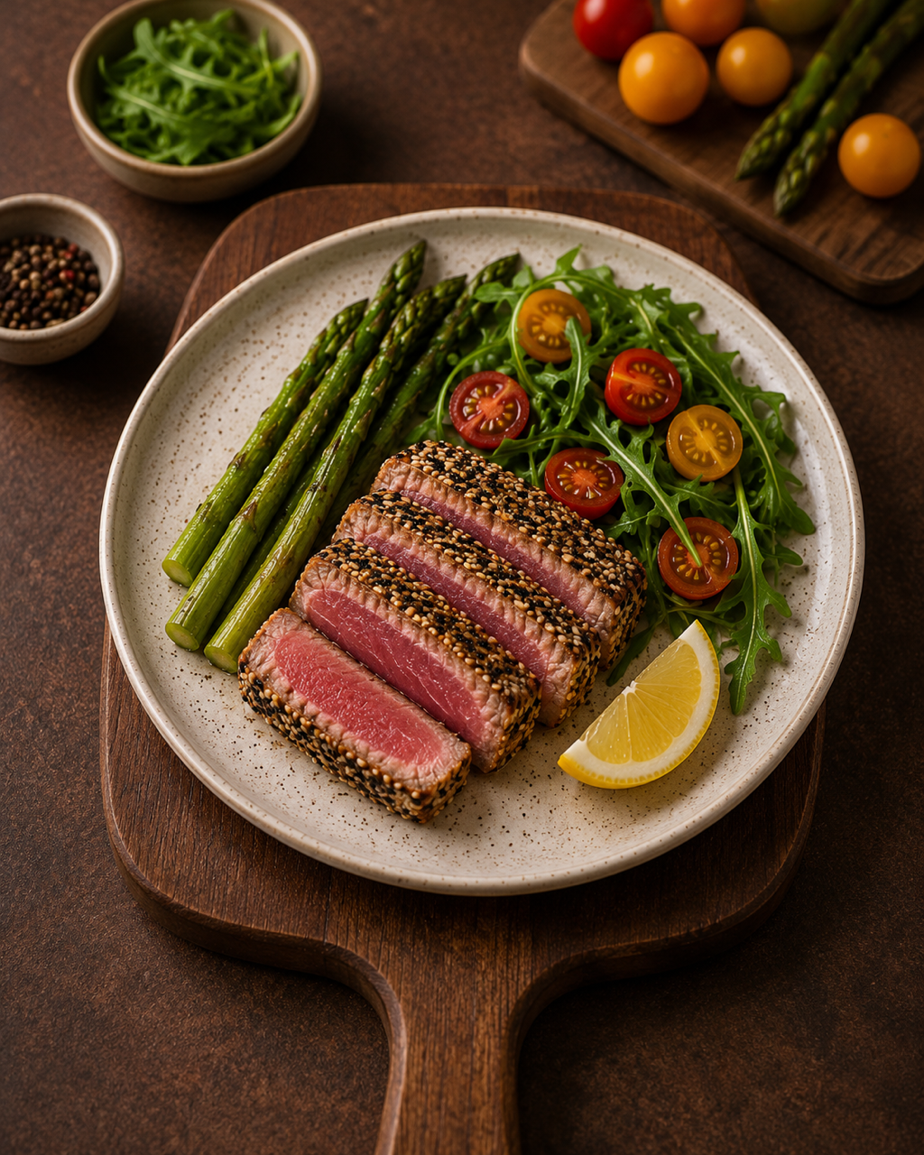Tuna with Asparagus, Arugula, and Tomatoes