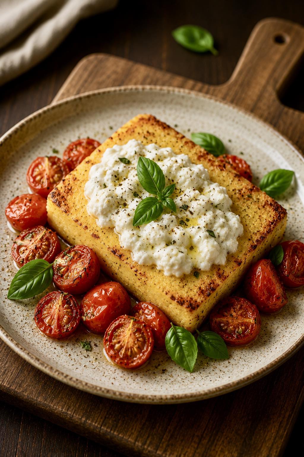 Baked Polenta with Stracciatella and Cherry Tomatoes