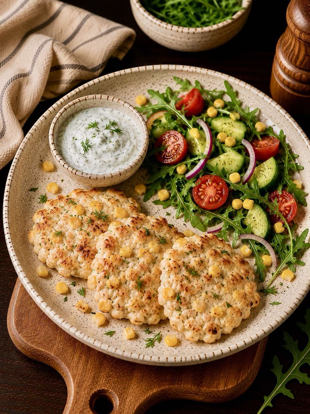 Chicken Pancakes with Corn and Salad
