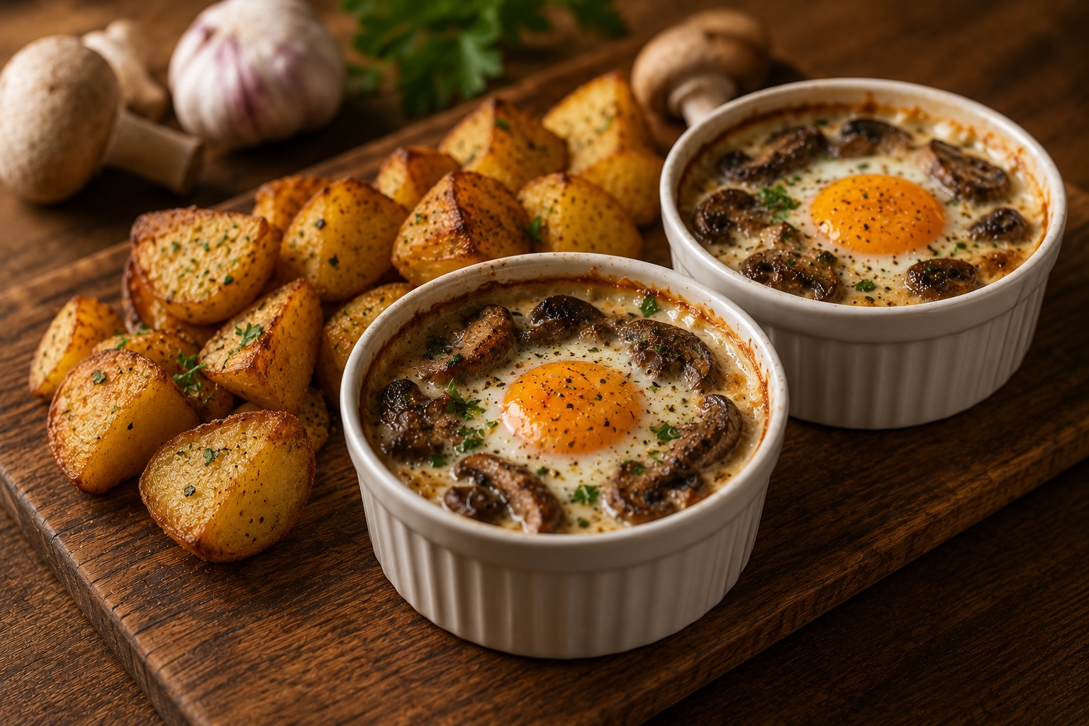 Eggs en Cocotte with Garlic Mushrooms