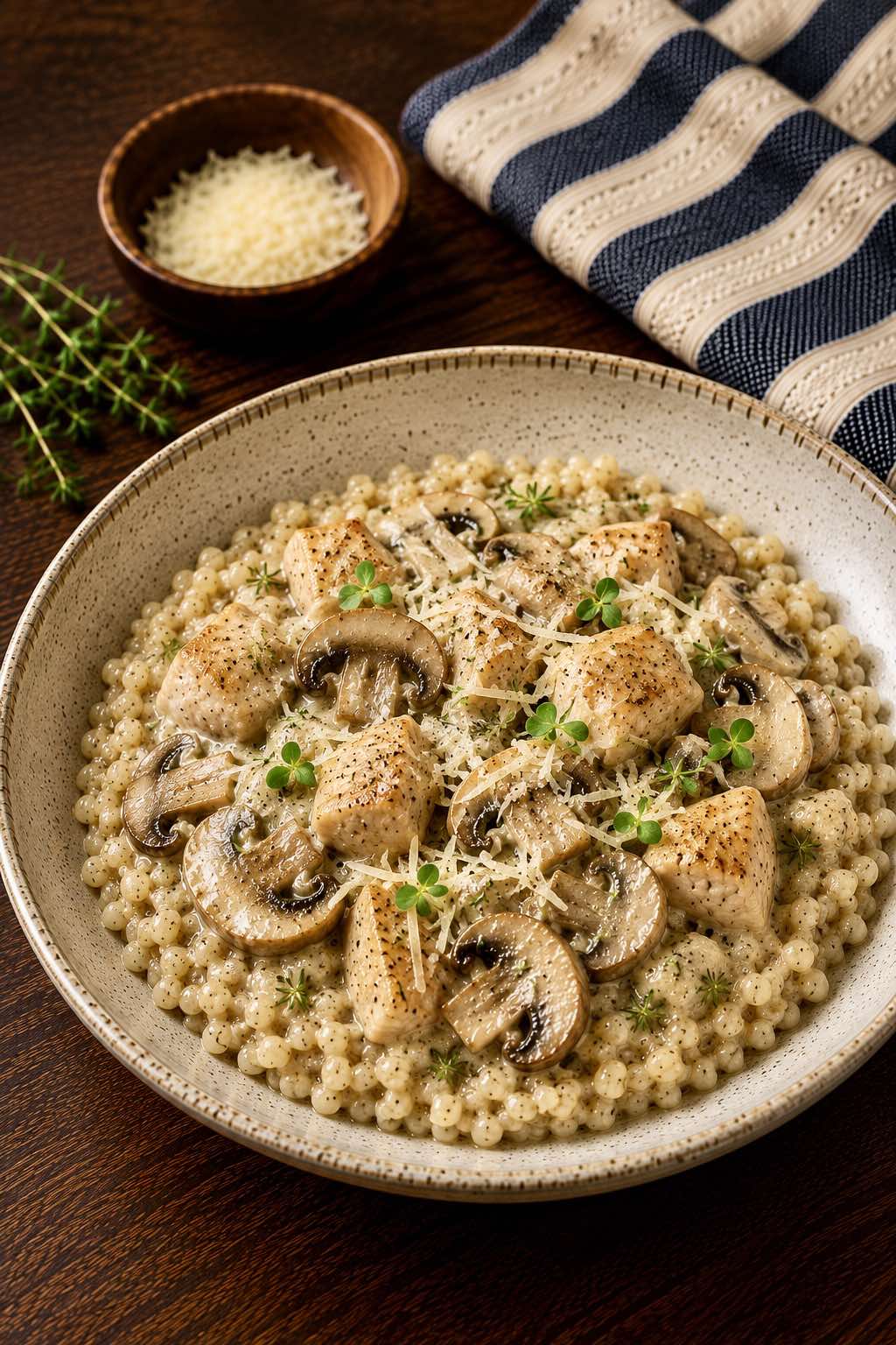 Pearl Barley Porridge with Mushrooms, Chicken, and Sauce
