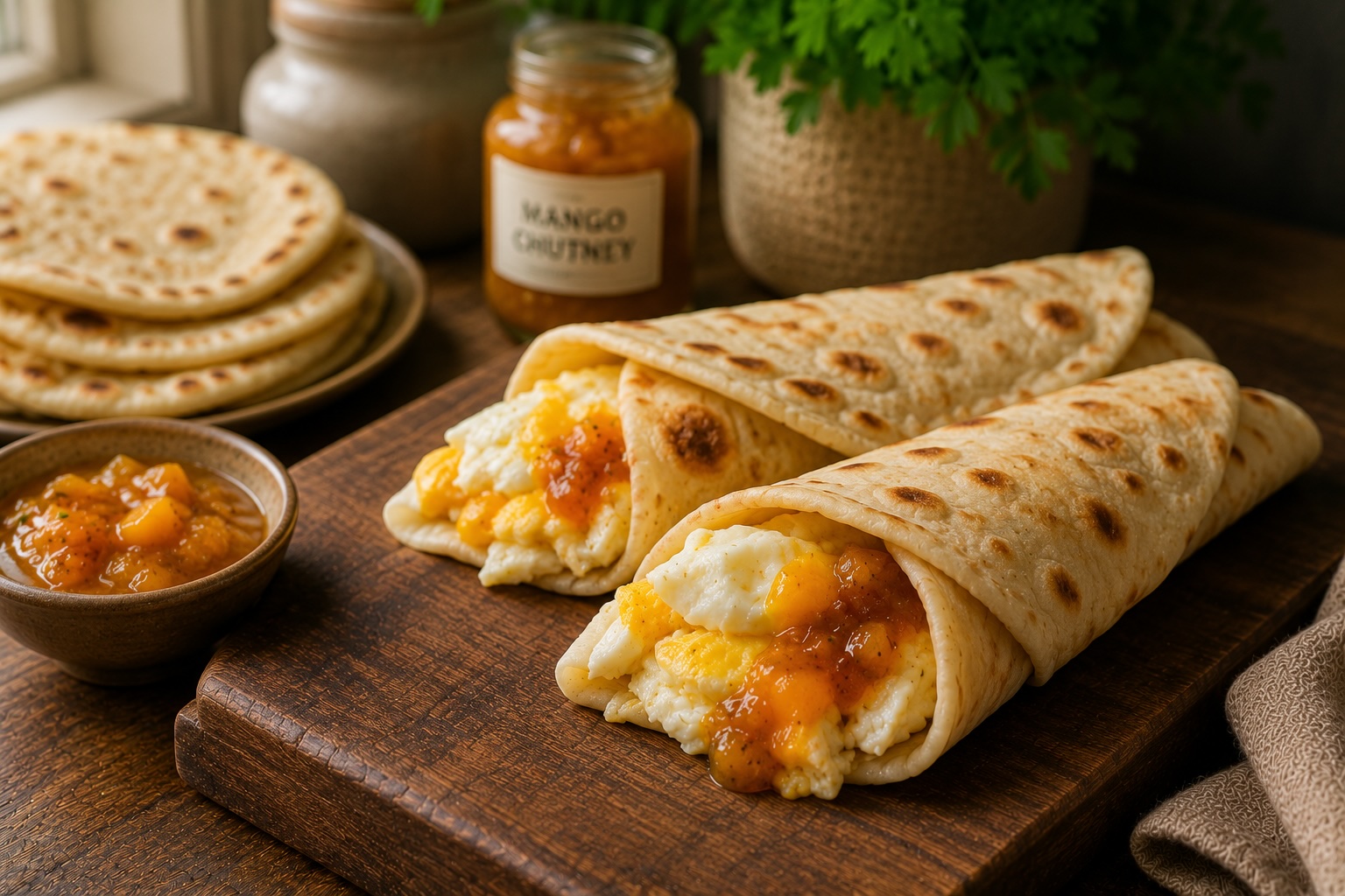 Flatbreads with Eggs and Mango Chutney