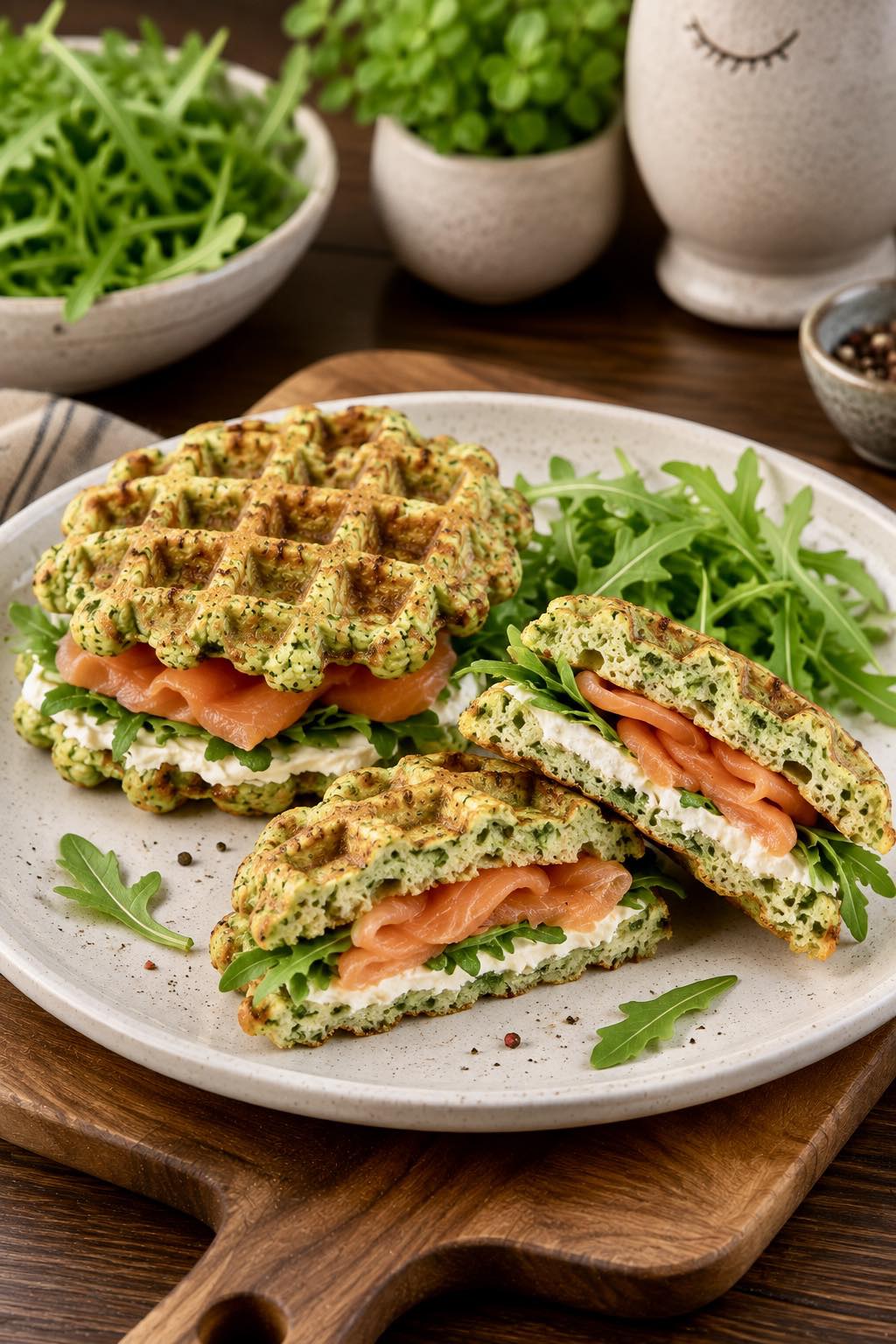 Broccoli Waffles with Salmon and Arugula