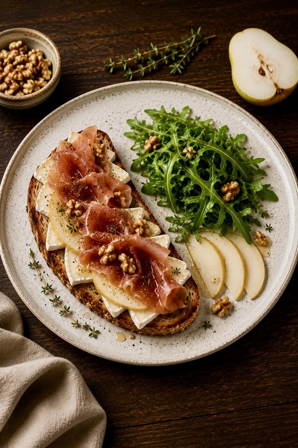 Toast with Pear, Brie Cheese, and Prosciutto