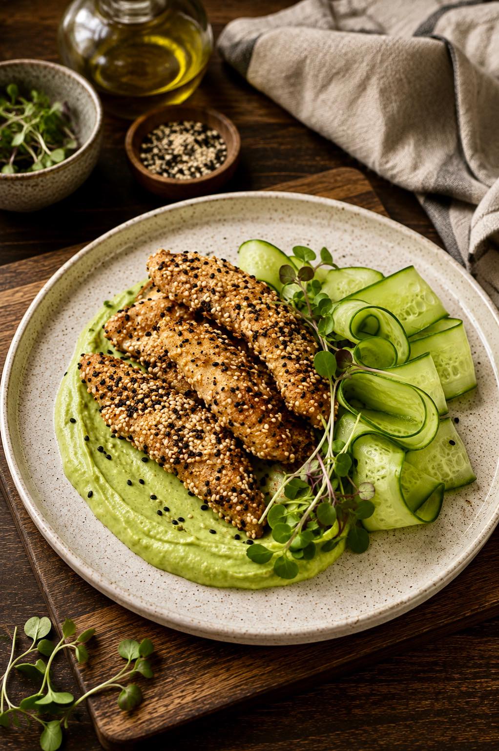 Chicken Sticks in Sesame with Avocado Cream