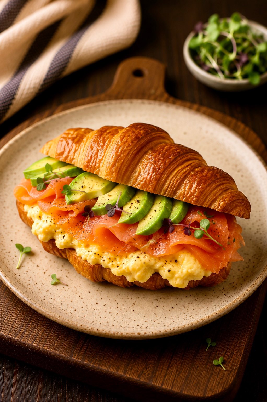 Croissant with Creamy Scrambled Eggs and Salmon