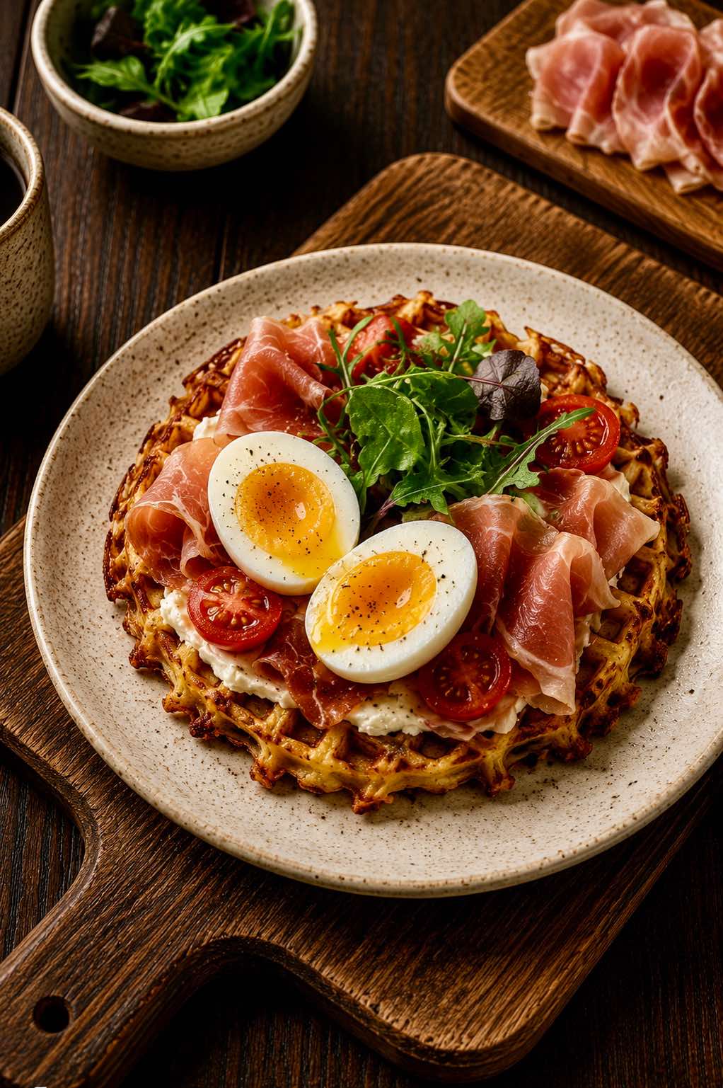 Potato Waffle with Prosciutto and Egg