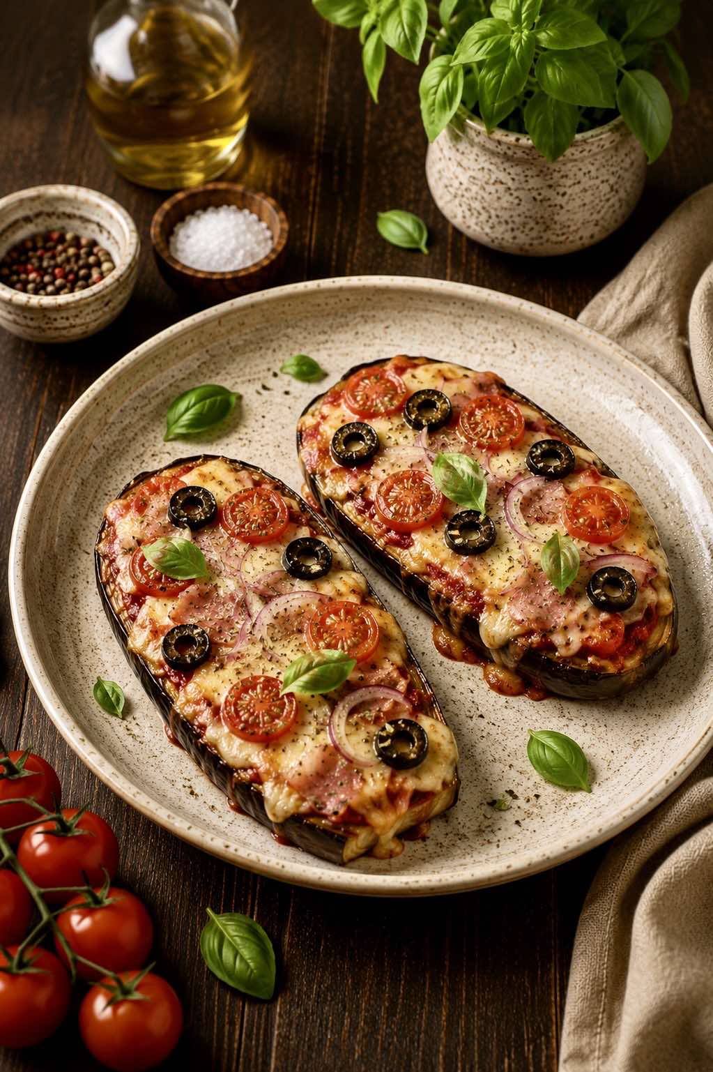 Eggplant Pizza with Ham and Mozzarella