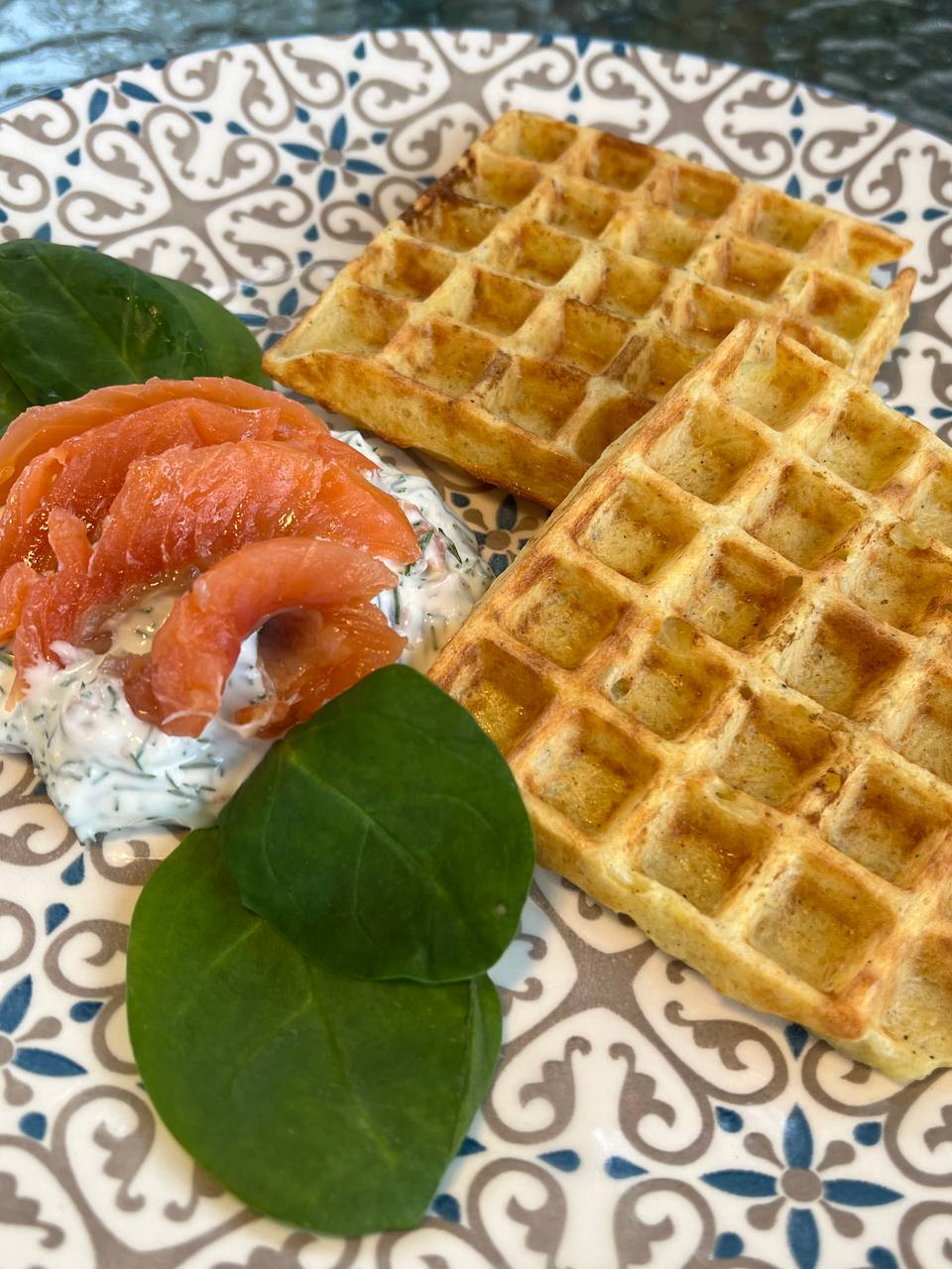 Potato Waffles with Sauce and Salmon