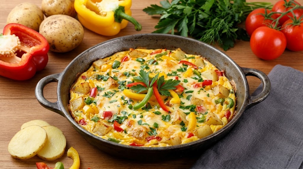 Yogurt Omelette with Potatoes and Bell Pepper