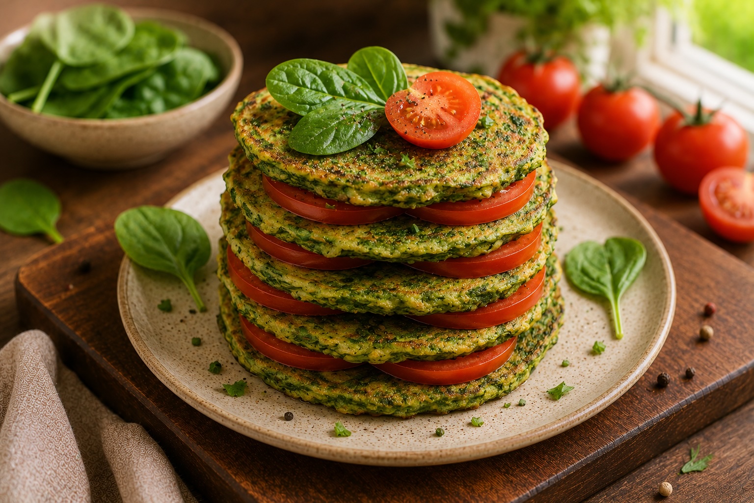 Tomato and Spinach Pancake Stack